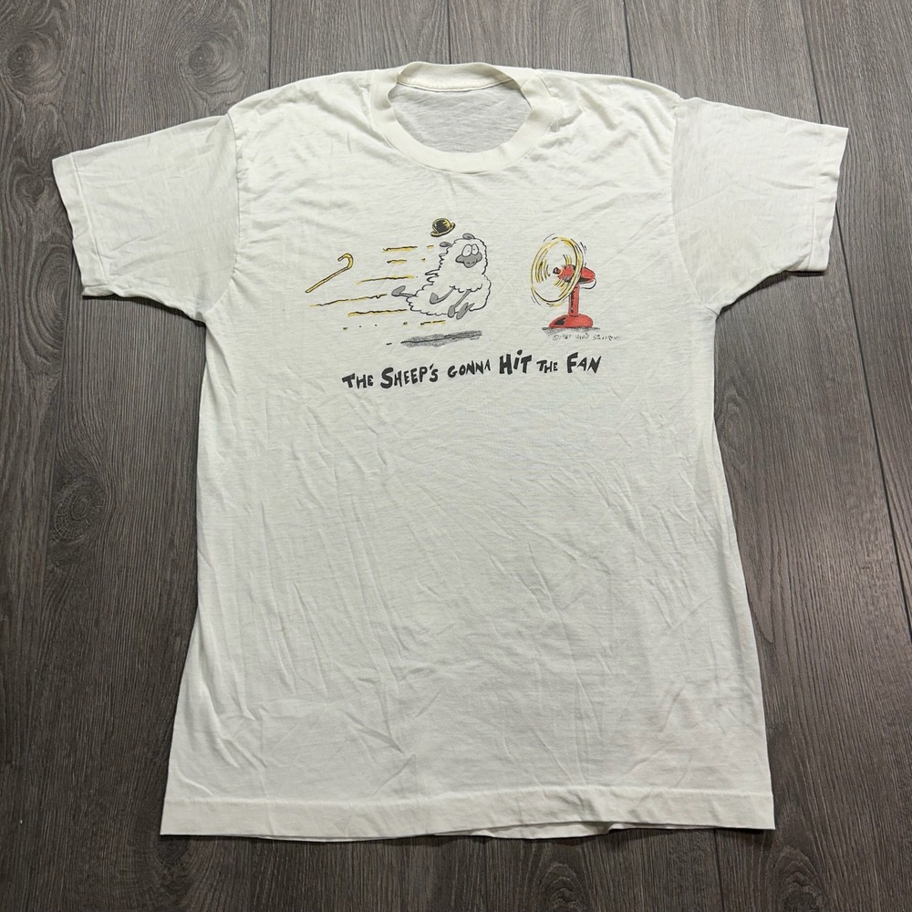Vintage 1987 David Silverman The Sheeps Gonna Hit The Fan T-Shirt White Large